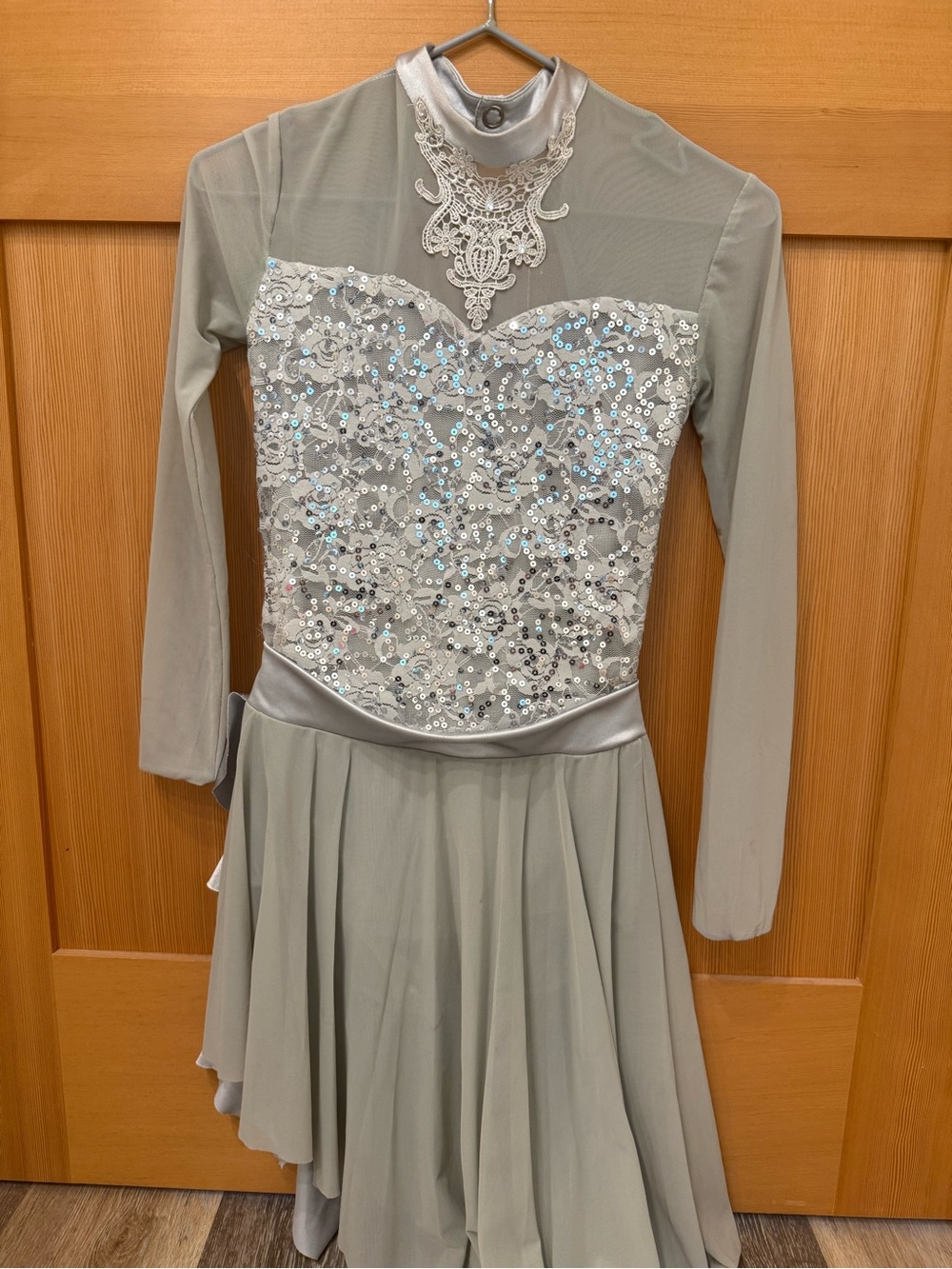 Silver Sequin Long-Sleeve lyrical/ballet Dress with Lace Yoke
